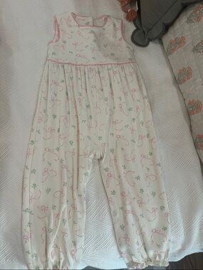 The Beaufort Bonnet Company Cream Romper with Pink Trim- Belle Meade Bow Print